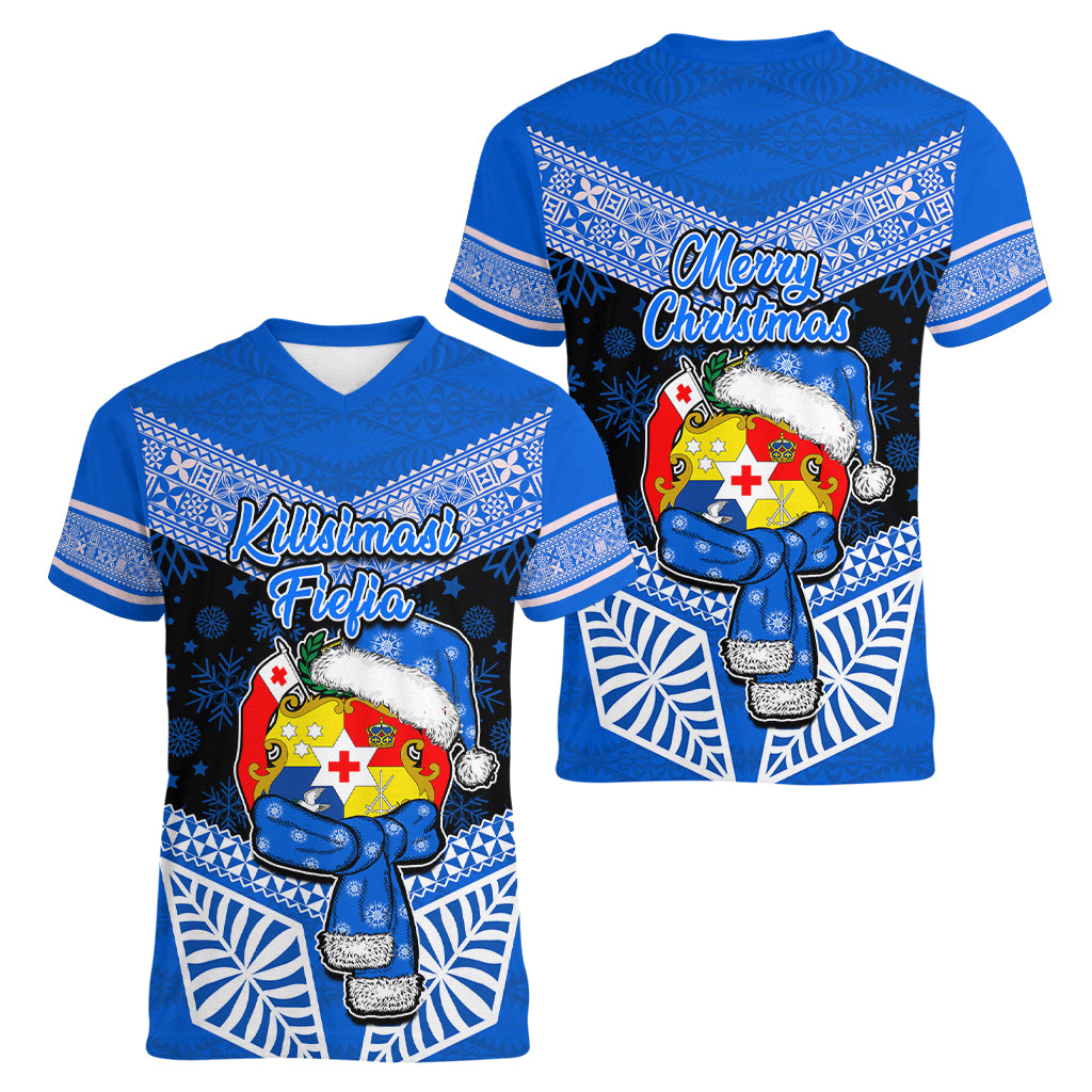 Tonga Christmas Women V Neck T Shirt Tongan Coat of Arms Santa With Ngatu Pattern Christmas Blue Style LT03 - Polynesian Pride