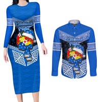 Personalised Tonga Christmas Couples Matching Long Sleeve Bodycon Dress and Long Sleeve Button Shirts Tongan Coat of Arms Santa With Ngatu Pattern Christmas Blue Style LT03 Blue - Polynesian Pride