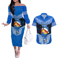 Personalised Tonga Christmas Couples Matching Off The Shoulder Long Sleeve Dress and Hawaiian Shirt Tongan Coat of Arms Santa With Ngatu Pattern Christmas Blue Style LT03 Blue - Polynesian Pride