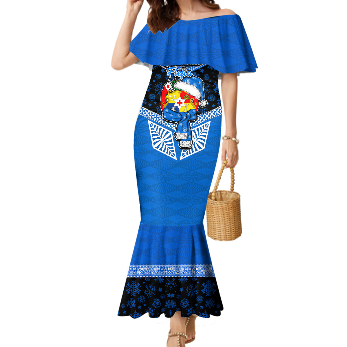 Personalised Tonga Christmas Family Matching Mermaid Dress and Hawaiian Shirt Tongan Coat of Arms Santa With Ngatu Pattern Christmas Blue Style LT03 Mom's Dress Blue - Polynesian Pride