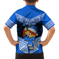 Personalised Tonga Christmas Family Matching Off Shoulder Maxi Dress and Hawaiian Shirt Tongan Coat of Arms Santa With Ngatu Pattern Christmas Blue Style LT03 - Polynesian Pride