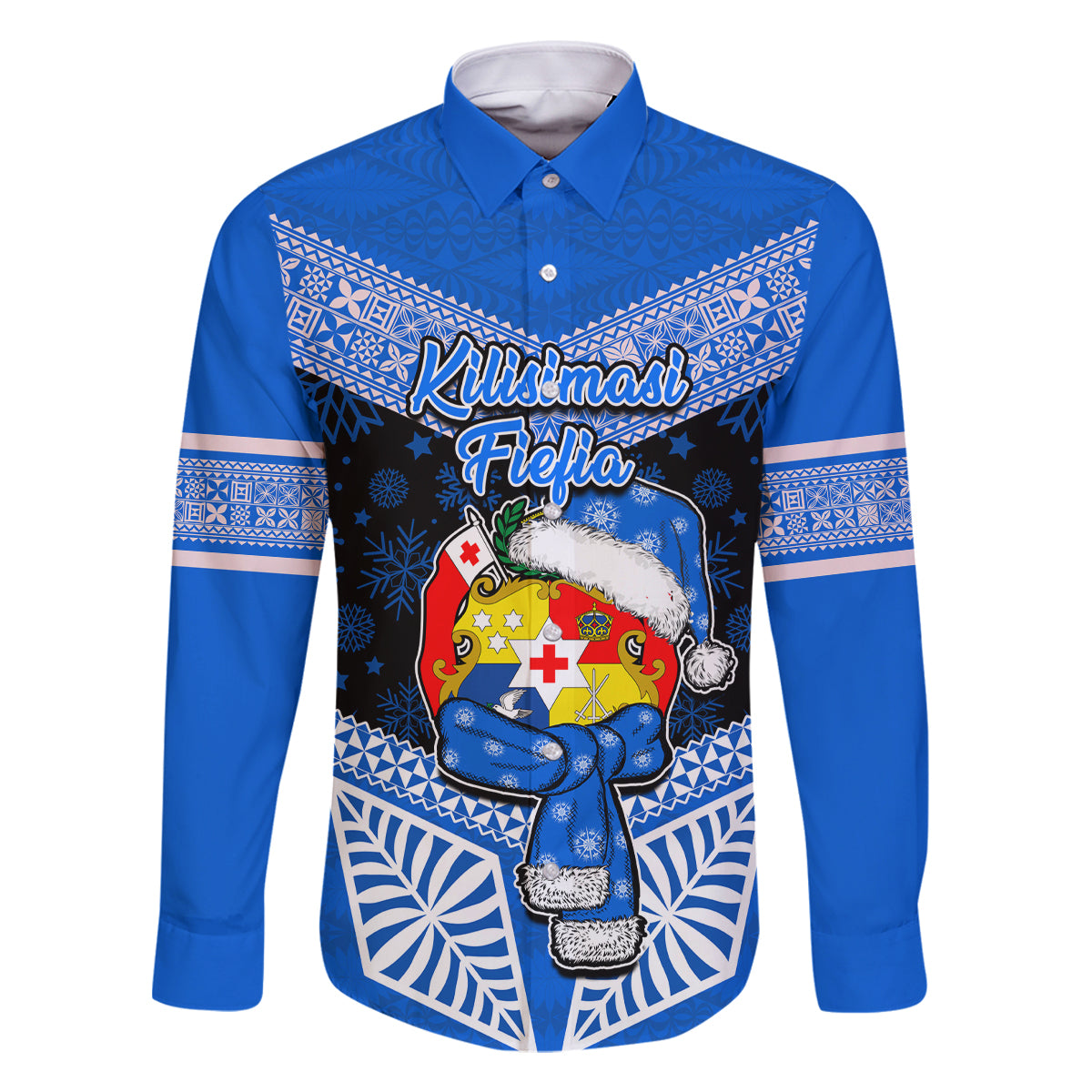 Personalised Tonga Christmas Family Matching Off Shoulder Maxi Dress and Hawaiian Shirt Tongan Coat of Arms Santa With Ngatu Pattern Christmas Blue Style LT03 Dad's Shirt - Long Sleeve Blue - Polynesian Pride