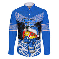 Personalised Tonga Christmas Family Matching Off Shoulder Maxi Dress and Hawaiian Shirt Tongan Coat of Arms Santa With Ngatu Pattern Christmas Blue Style LT03 Dad's Shirt - Long Sleeve Blue - Polynesian Pride