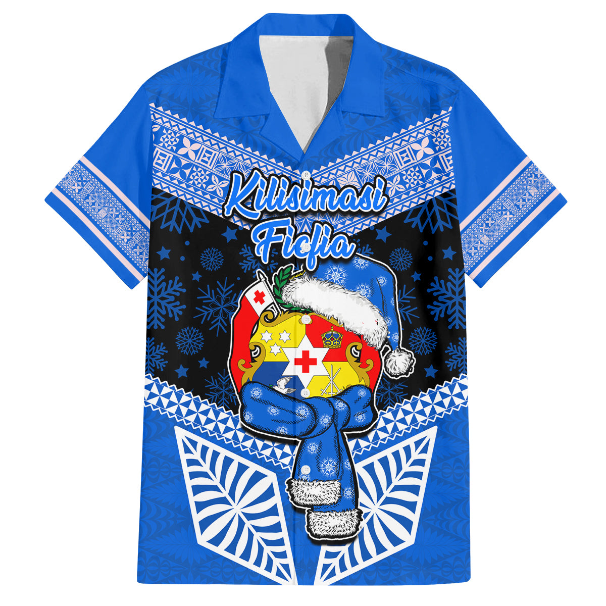 Personalised Tonga Christmas Family Matching Puletasi Dress and Hawaiian Shirt Tongan Coat of Arms Santa With Ngatu Pattern Christmas Blue Style LT03 Dad's Shirt - Short Sleeve Blue - Polynesian Pride