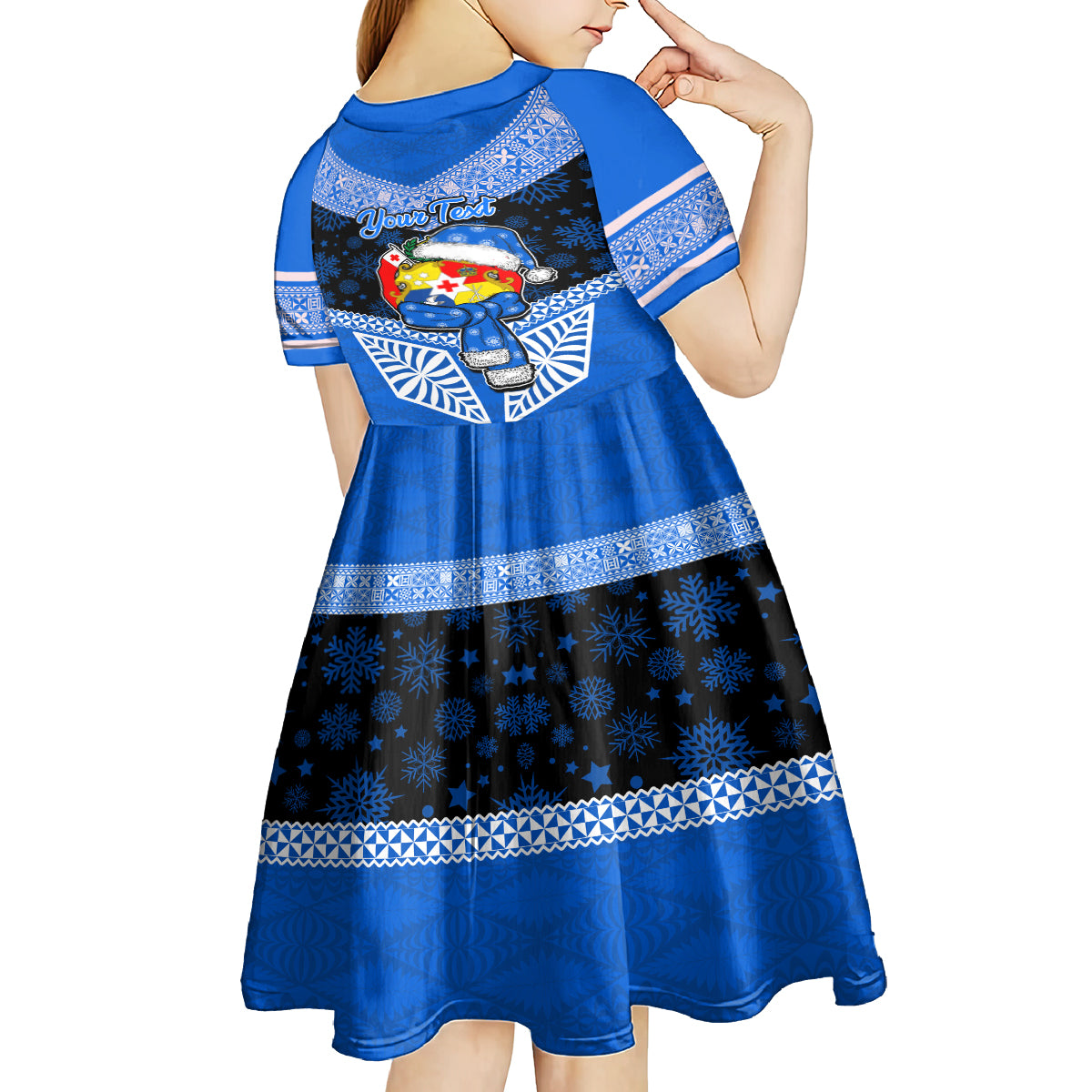 Personalised Tonga Christmas Kid Short Sleeve Dress Tongan Coat of Arms Santa With Ngatu Pattern Christmas Blue Style LT03 - Polynesian Pride