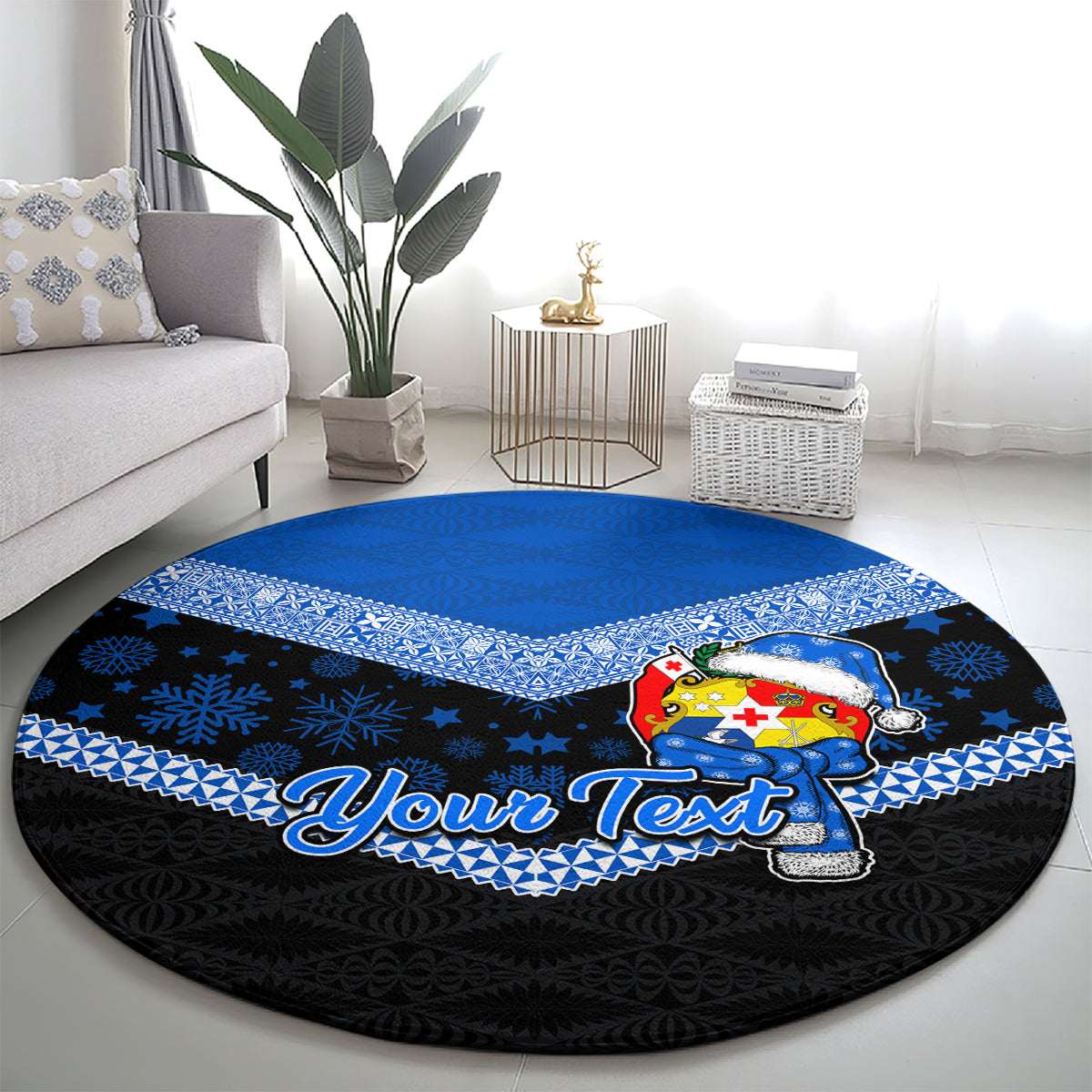 Personalised Tonga Christmas Round Carpet Tongan Coat of Arms Santa With Ngatu Pattern Christmas Blue Style LT03 - Polynesian Pride
