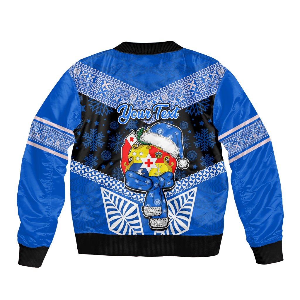 Personalised Tonga Christmas Sleeve Zip Bomber Jacket Tongan Coat of Arms Santa With Ngatu Pattern Christmas Blue Style LT03 - Polynesian Pride