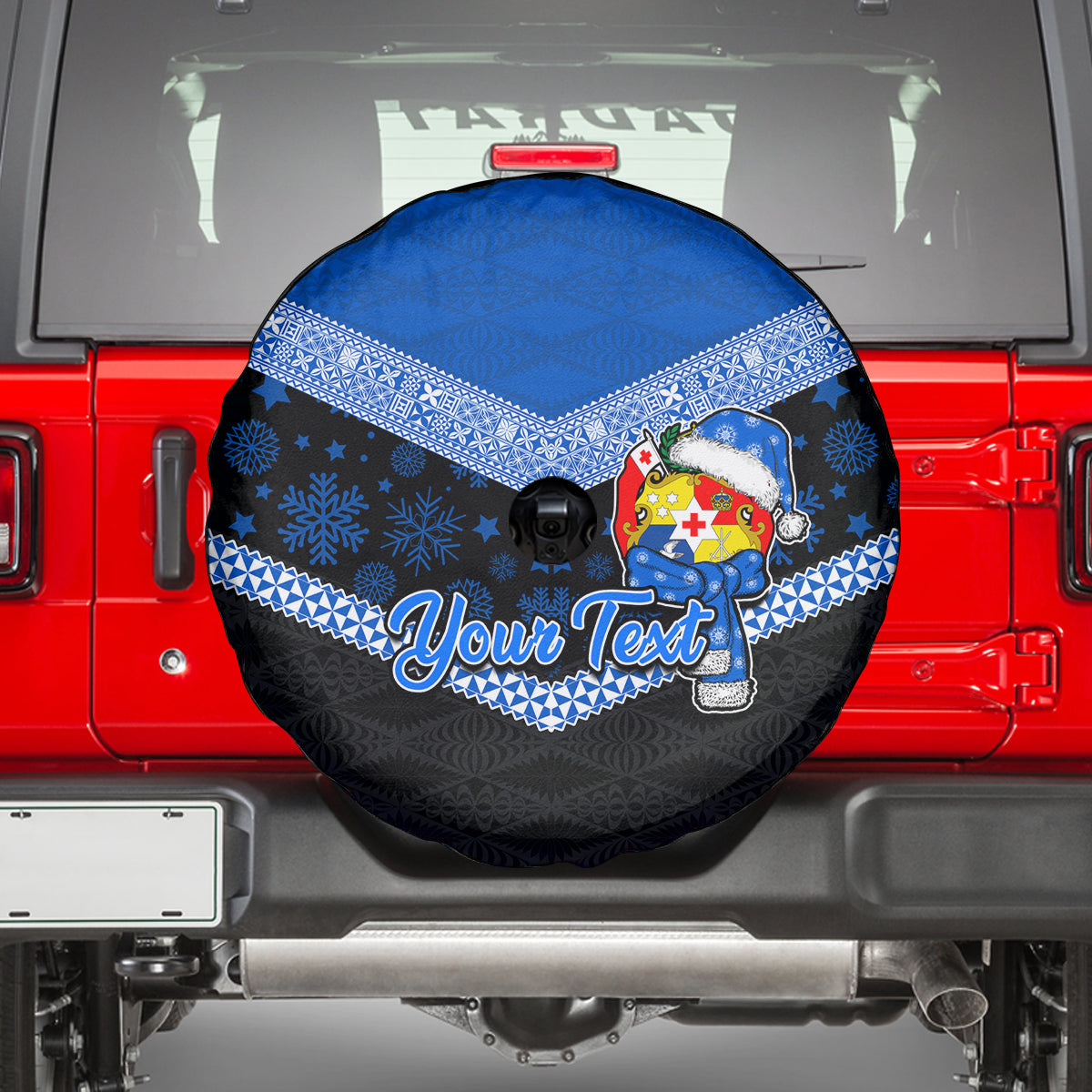 Personalised Tonga Christmas Spare Tire Cover Tongan Coat of Arms Santa With Ngatu Pattern Christmas Blue Style LT03 - Polynesian Pride