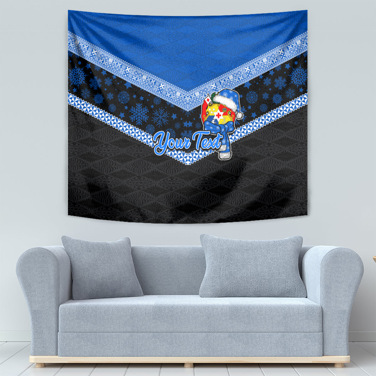 Personalised Tonga Christmas Tapestry Tongan Coat of Arms Santa With Ngatu Pattern Christmas Blue Style LT03 - Polynesian Pride