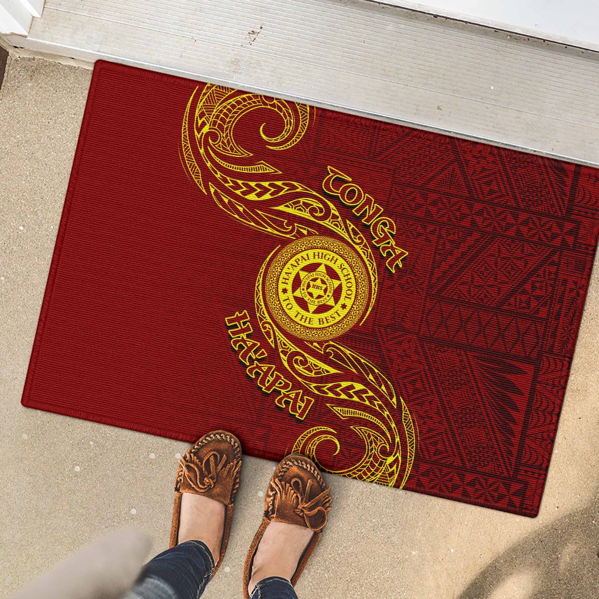 Tonga Ha'apai High School Rubber Doormat Ngatu and Maori Ethnic Tribal Pattern LT03 - Polynesian Pride