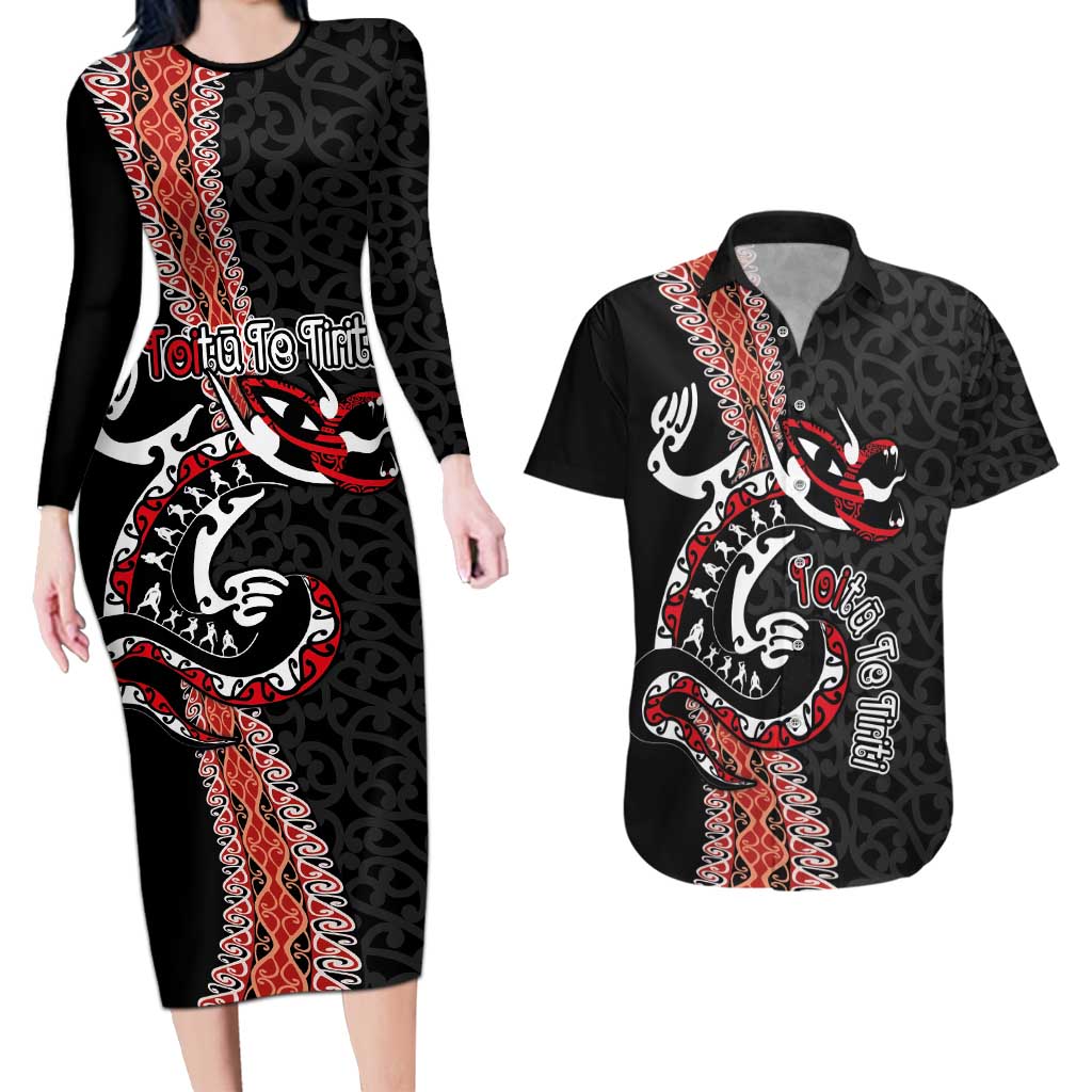 Aotearoa Toitu Te Tiriti Couples Matching Long Sleeve Bodycon Dress and Hawaiian Shirt Maori Taniwha Haka - Honour the Treaty LT03