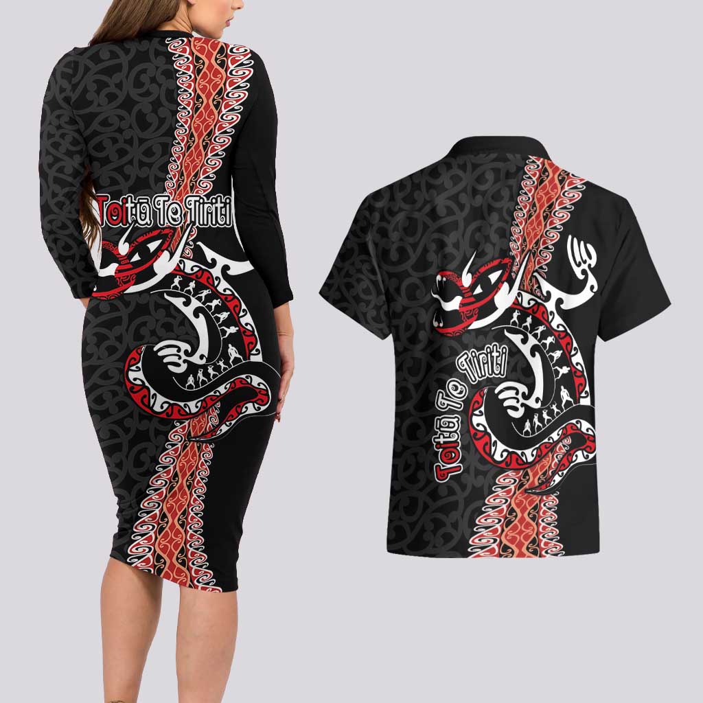Aotearoa Toitu Te Tiriti Couples Matching Long Sleeve Bodycon Dress and Hawaiian Shirt Maori Taniwha Haka - Honour the Treaty LT03 - Polynesian Pride