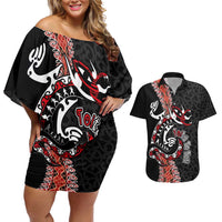 Aotearoa Toitu Te Tiriti Couples Matching Off Shoulder Short Dress and Hawaiian Shirt Maori Taniwha Haka - Honour the Treaty LT03