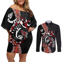 Aotearoa Toitu Te Tiriti Couples Matching Off Shoulder Short Dress and Long Sleeve Button Shirt Maori Taniwha Haka - Honour the Treaty LT03