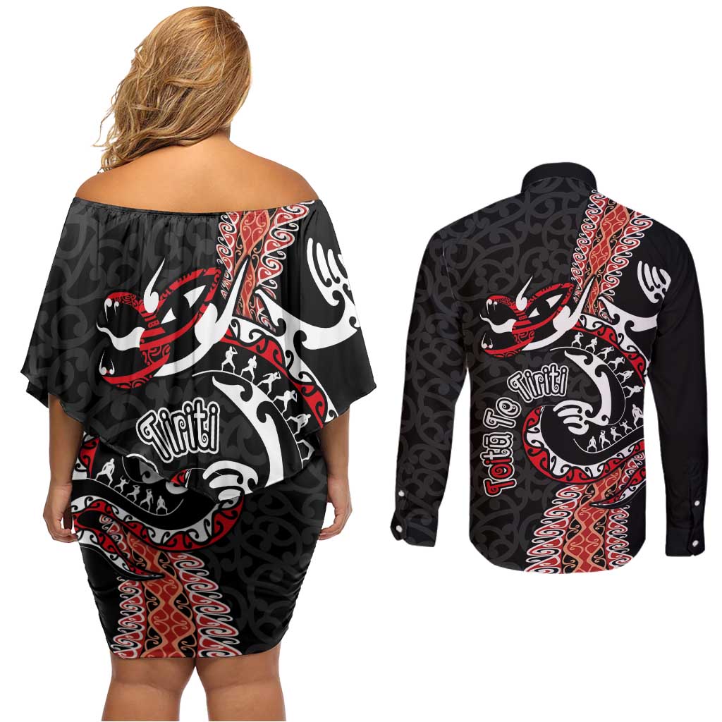 Aotearoa Toitu Te Tiriti Couples Matching Off Shoulder Short Dress and Long Sleeve Button Shirt Maori Taniwha Haka - Honour the Treaty LT03