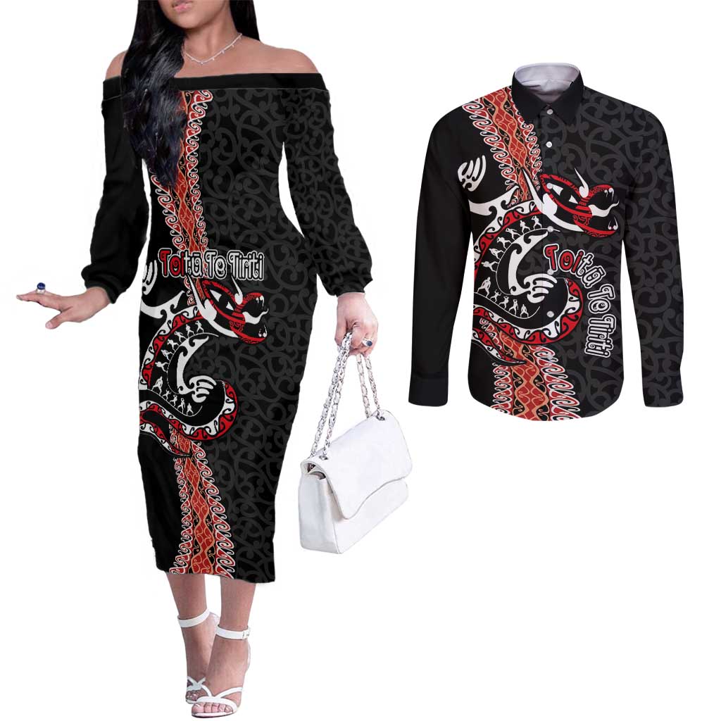 Aotearoa Toitu Te Tiriti Couples Matching Off The Shoulder Long Sleeve Dress and Long Sleeve Button Shirt Maori Taniwha Haka - Honour the Treaty LT03
