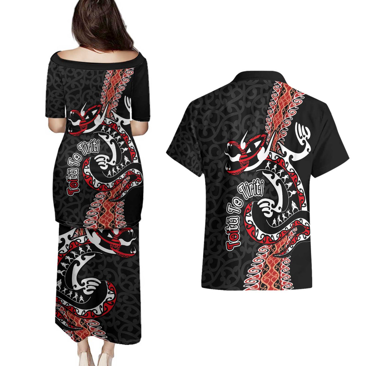 Aotearoa Toitu Te Tiriti Couples Matching Puletasi and Hawaiian Shirt Maori Taniwha Haka - Honour the Treaty LT03