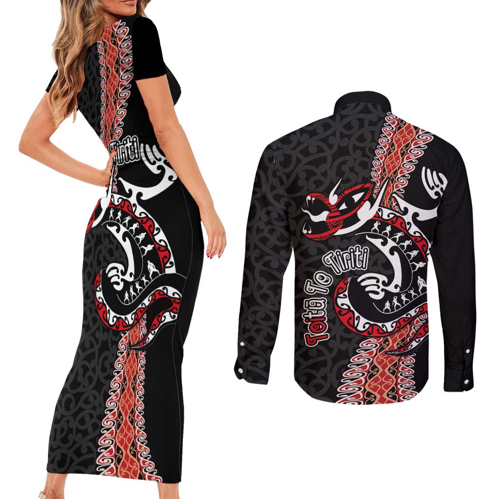 Aotearoa Toitu Te Tiriti Couples Matching Short Sleeve Bodycon Dress and Long Sleeve Button Shirt Maori Taniwha Haka - Honour the Treaty LT03