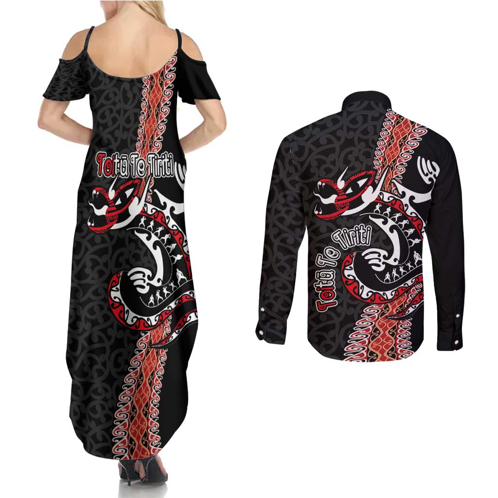 Aotearoa Toitu Te Tiriti Couples Matching Summer Maxi Dress and Long Sleeve Button Shirt Maori Taniwha Haka - Honour the Treaty LT03