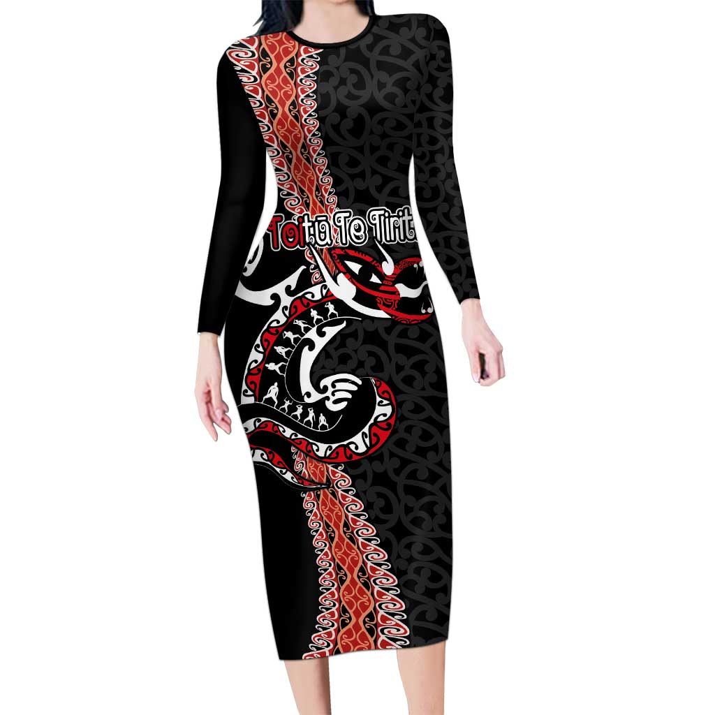 Aotearoa Toitu Te Tiriti Family Matching Long Sleeve Bodycon Dress and Hawaiian Shirt Maori Taniwha Haka - Honour the Treaty LT03 Mom's Dress Black - Polynesian Pride