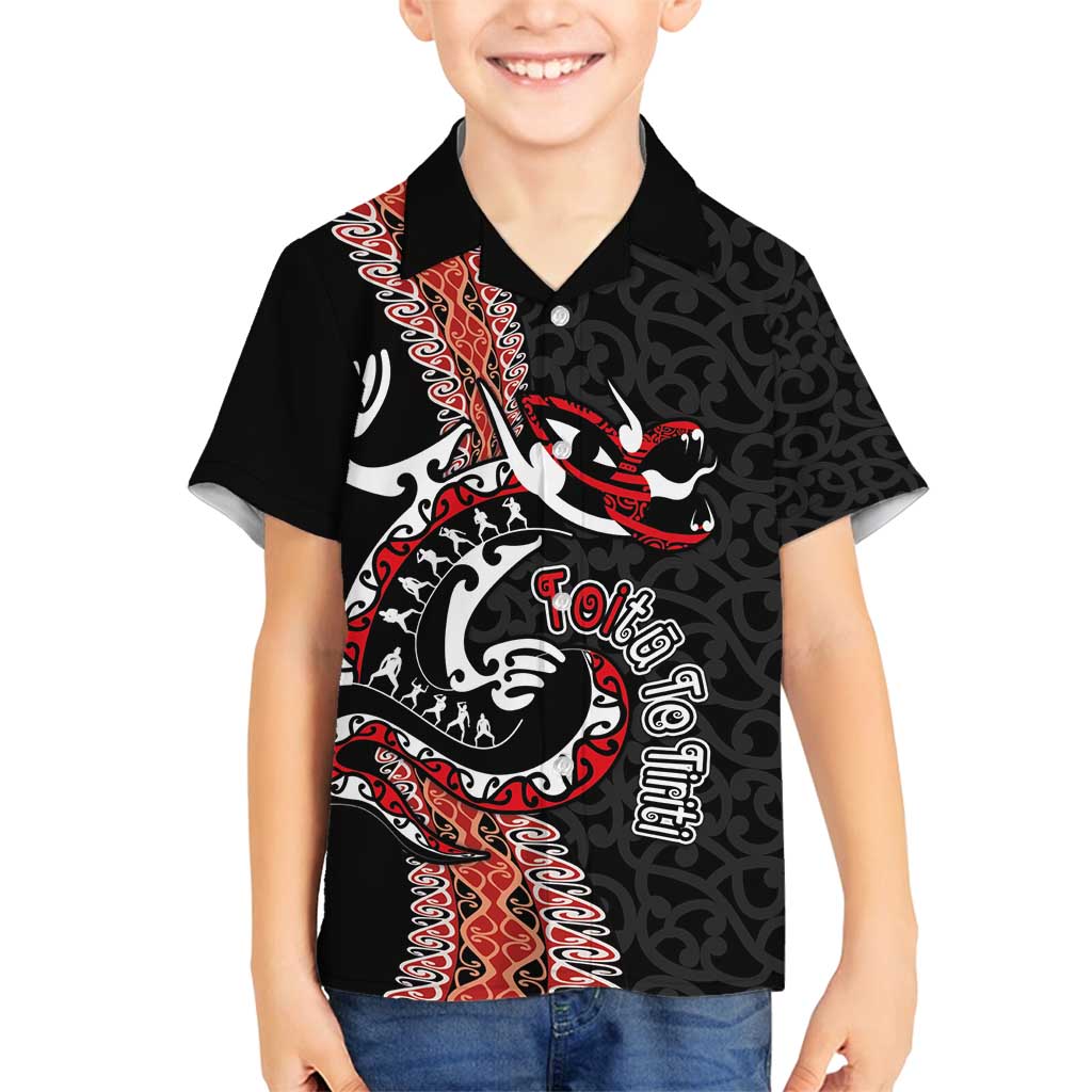 Aotearoa Toitu Te Tiriti Family Matching Long Sleeve Bodycon Dress and Hawaiian Shirt Maori Taniwha Haka - Honour the Treaty LT03 Son's Shirt Black - Polynesian Pride