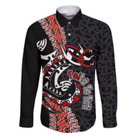 Aotearoa Toitu Te Tiriti Family Matching Off Shoulder Maxi Dress and Hawaiian Shirt Maori Taniwha Haka - Honour the Treaty LT03 Dad's Shirt - Long Sleeve Black - Polynesian Pride