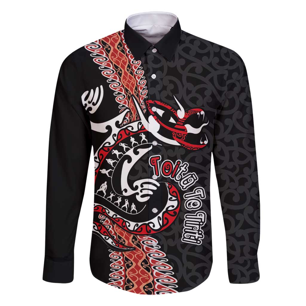 Aotearoa Toitu Te Tiriti Family Matching Off Shoulder Short Dress and Hawaiian Shirt Maori Taniwha Haka - Honour the Treaty LT03 Dad's Shirt - Long Sleeve Black - Polynesian Pride