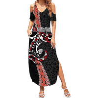 Aotearoa Toitu Te Tiriti Family Matching Summer Maxi Dress and Hawaiian Shirt Maori Taniwha Haka - Honour the Treaty LT03 Mom's Dress Black - Polynesian Pride