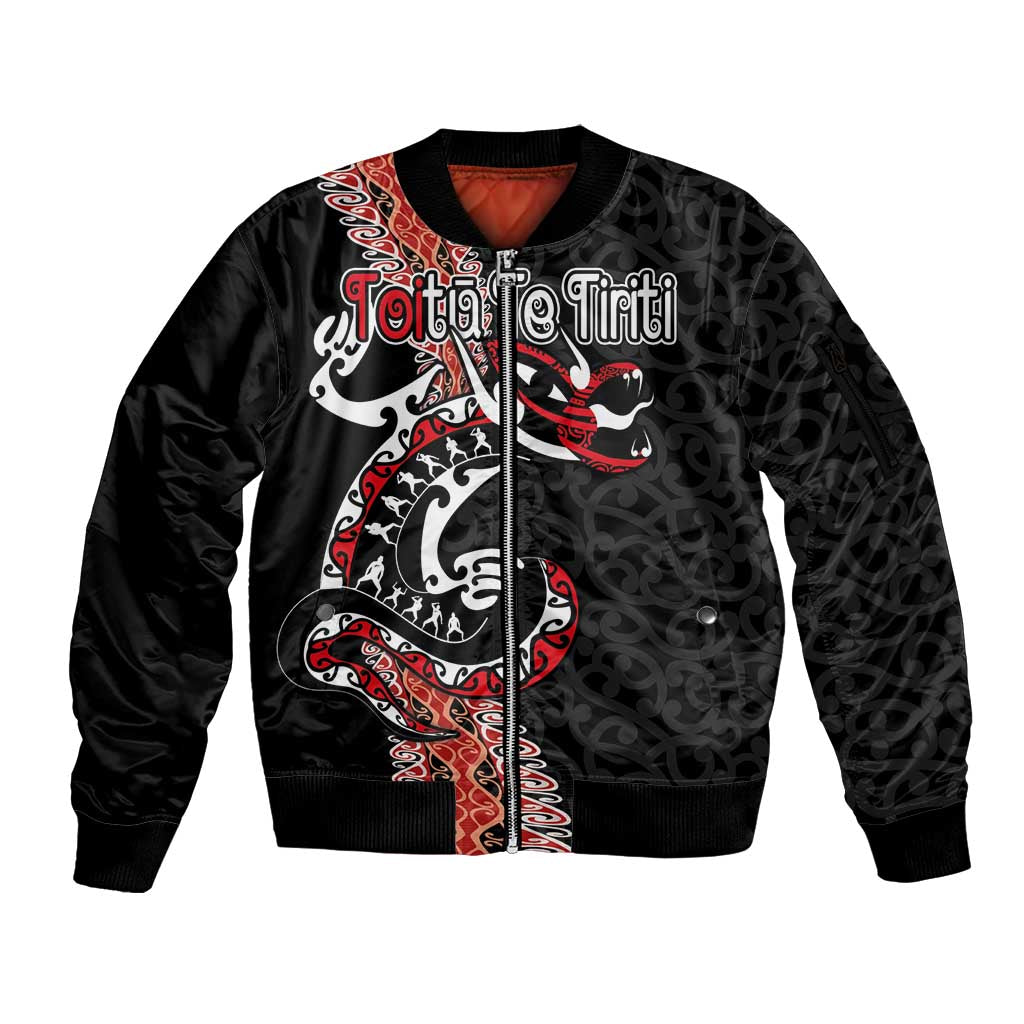 Aotearoa Toitu Te Tiriti Sleeve Zip Bomber Jacket Maori Taniwha Haka - Honour the Treaty