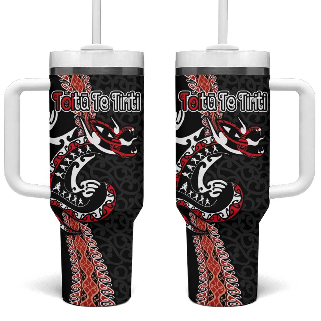 Aotearoa Toitu Te Tiriti Tumbler With Handle Maori Taniwha Haka - Honour the Treaty LT03 One Size: 40 oz Black - Polynesian Pride