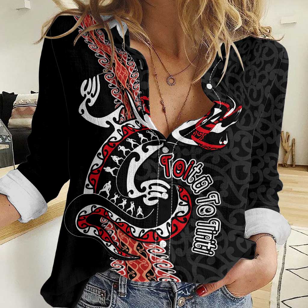 Aotearoa Toitu Te Tiriti Women Casual Shirt Maori Taniwha Haka - Honour the Treaty LT03 Female Black - Polynesian Pride