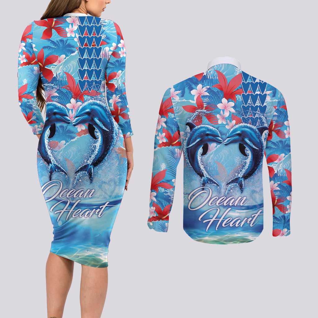 Hawaiian Dolphin Love Couple - Ocean Heart Couples Matching Long Sleeve Bodycon Dress and Long Sleeve Button Shirt
