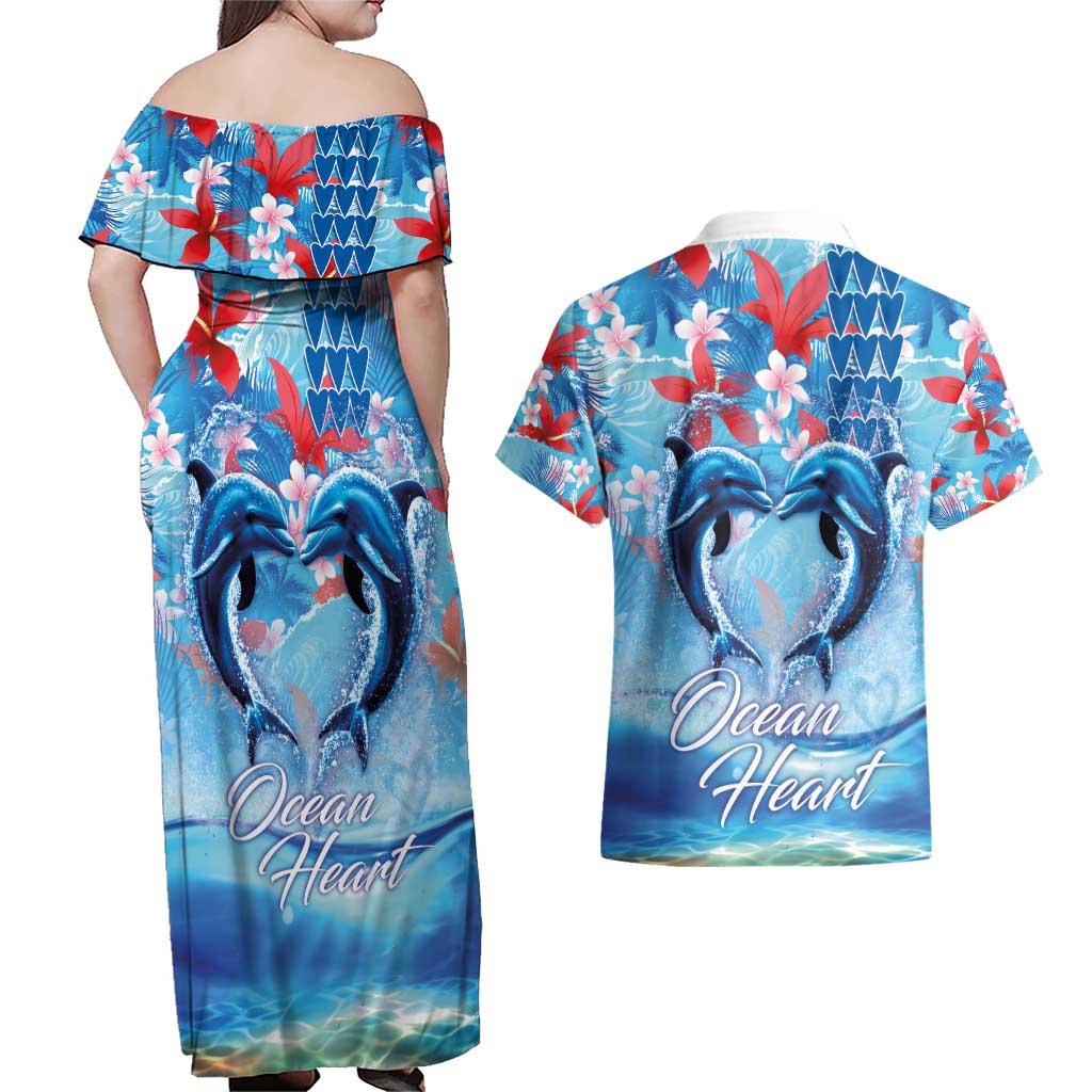Hawaiian Dolphin Love Couple - Ocean Heart Couples Matching Off Shoulder Maxi Dress and Hawaiian Shirt