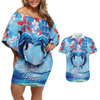 Hawaiian Dolphin Love Couple - Ocean Heart Couples Matching Off Shoulder Short Dress and Hawaiian Shirt