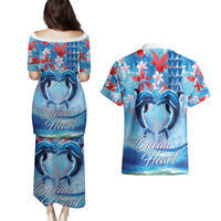 Hawaiian Dolphin Love Couple - Ocean Heart Couples Matching Puletasi and Hawaiian Shirt