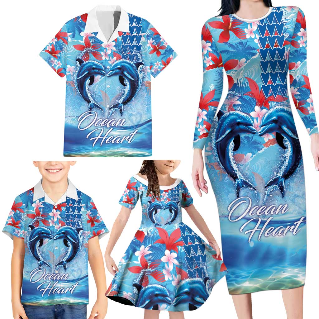 Hawaiian Dolphin Love Couple - Ocean Heart Family Matching Long Sleeve Bodycon Dress and Hawaiian Shirt LT03 - Polynesian Pride
