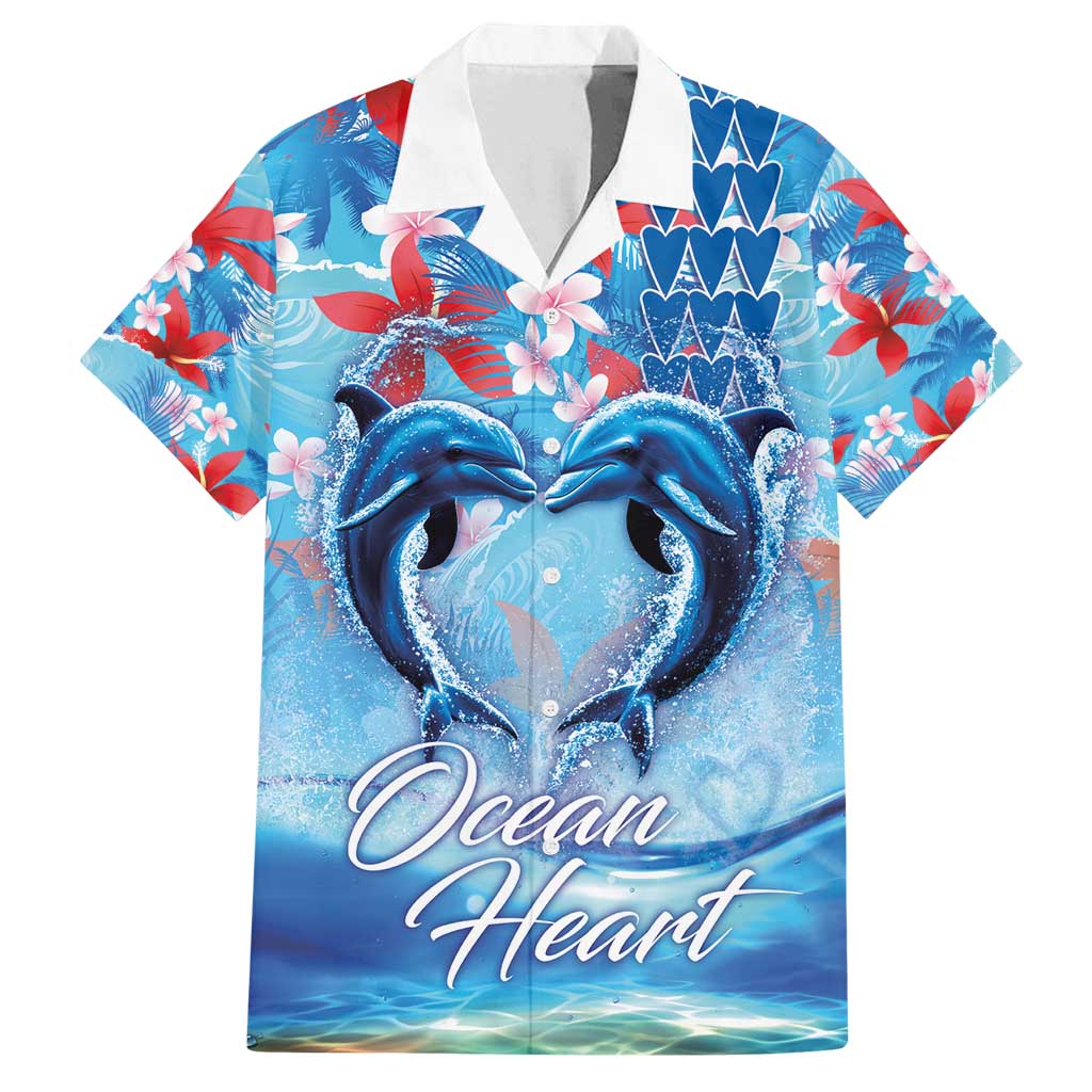 Hawaiian Dolphin Love Couple - Ocean Heart Family Matching Off Shoulder Short Dress and Hawaiian Shirt LT03 Dad's Shirt - Short Sleeve Blue - Polynesian Pride