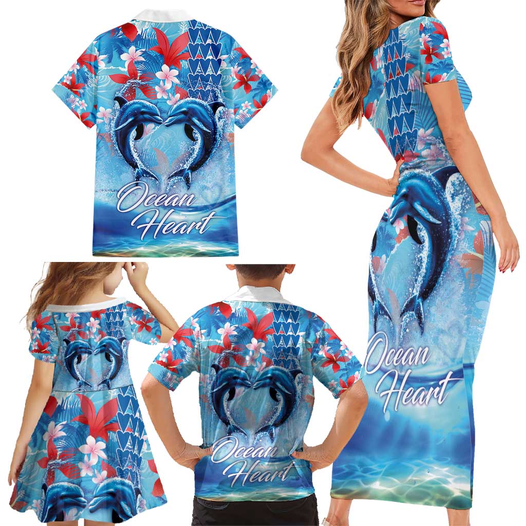 Hawaiian Dolphin Love Couple - Ocean Heart Family Matching Short Sleeve Bodycon Dress and Hawaiian Shirt LT03 - Polynesian Pride