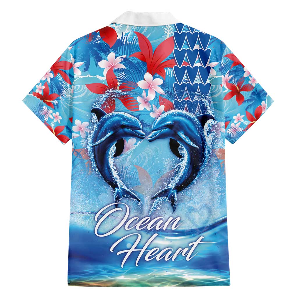 Hawaiian Dolphin Love Couple - Ocean Heart Family Matching Short Sleeve Bodycon Dress and Hawaiian Shirt LT03 - Polynesian Pride