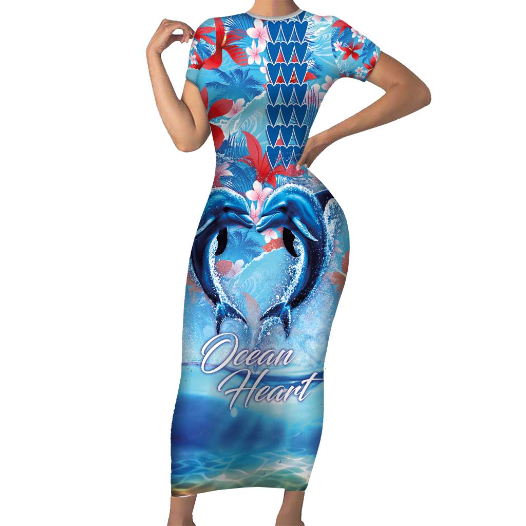 Hawaiian Dolphin Love Couple - Ocean Heart Family Matching Short Sleeve Bodycon Dress and Hawaiian Shirt LT03 Mom's Dress Blue - Polynesian Pride