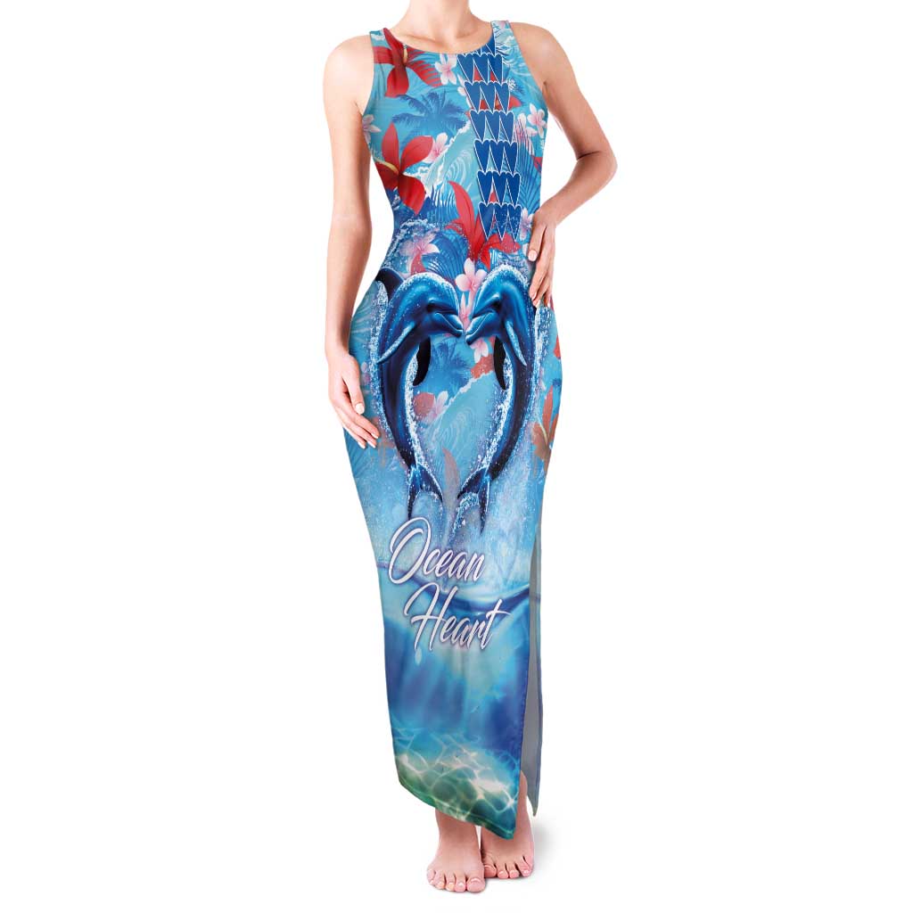 Hawaiian Dolphin Love Couple - Ocean Heart Family Matching Tank Maxi Dress and Hawaiian Shirt LT03 Mom's Dress Blue - Polynesian Pride