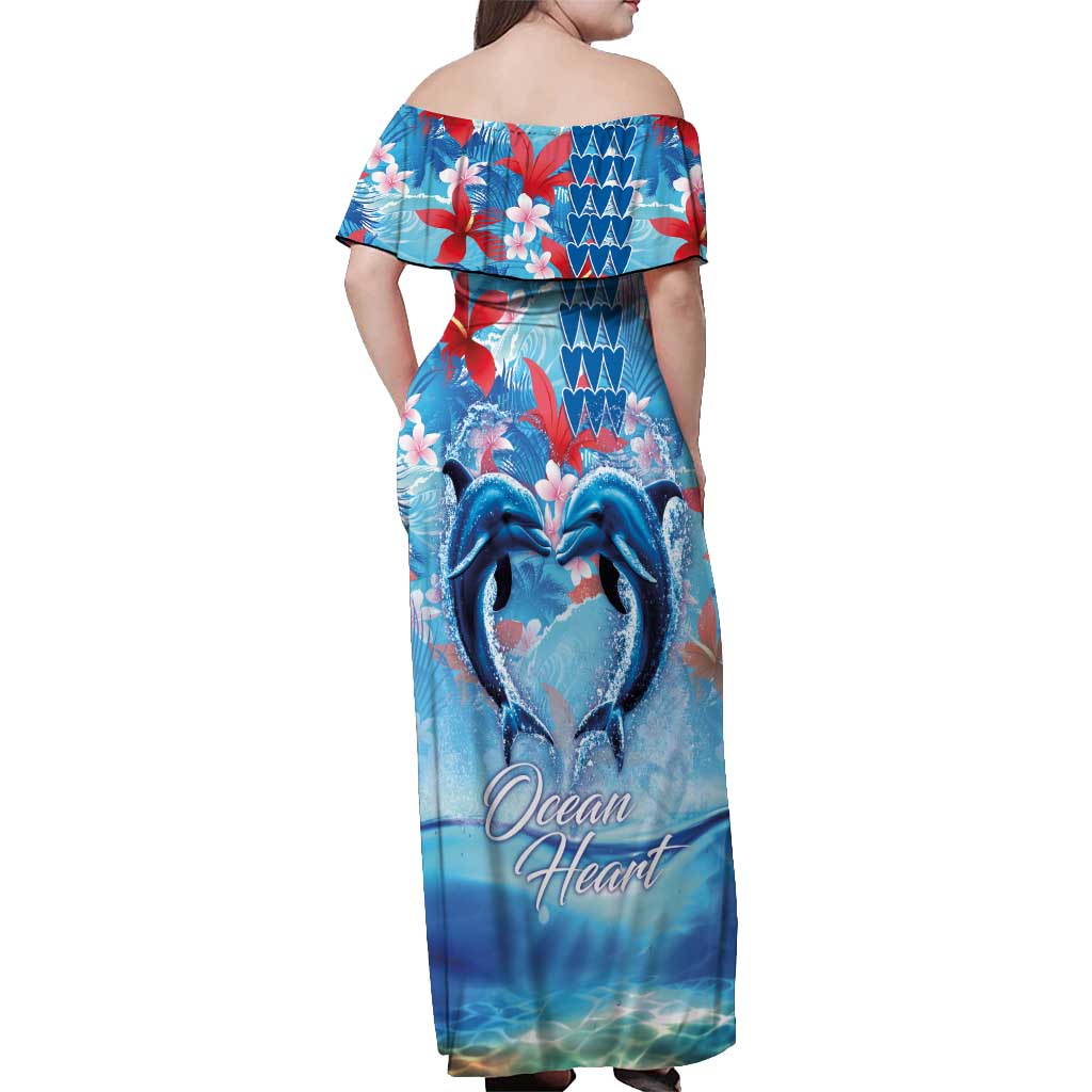 Hawaiian Dolphin Love Couple - Ocean Heart Off Shoulder Maxi Dress