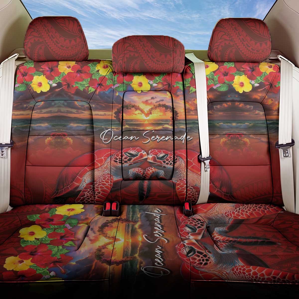 Hawaiian Turtle Love Couple Back Car Seat Cover Ocean Serenade - Honu Honi Ihu with Hibiscus and Romantic Sunset Red Color