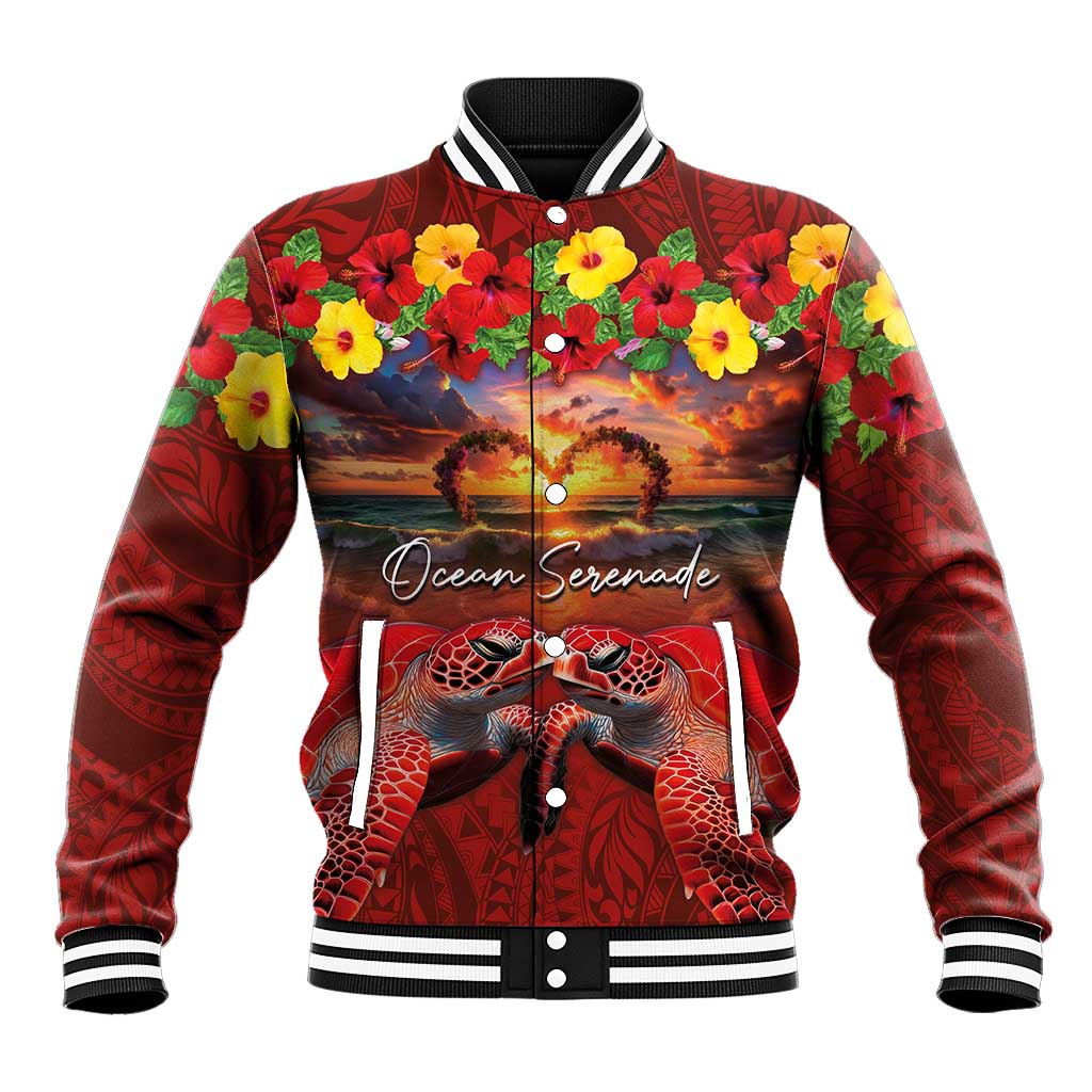 Hawaiian Turtle Love Couple Baseball Jacket Ocean Serenade - Honu Honi Ihu with Hibiscus and Romantic Sunset Red Color LT03 Unisex Red - Polynesian Pride