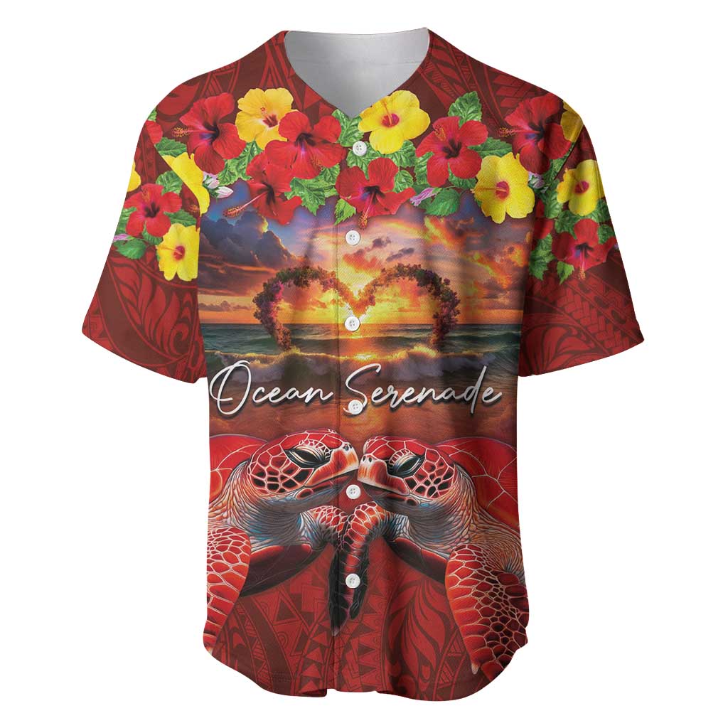 Hawaiian Turtle Love Couple Baseball Jersey Ocean Serenade - Honu Honi Ihu with Hibiscus and Romantic Sunset Red Color