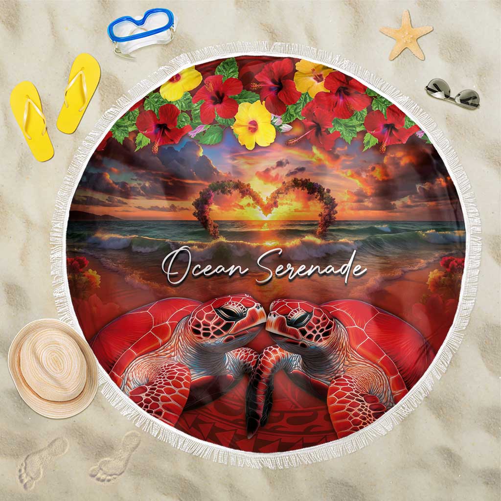 Hawaiian Turtle Love Couple Beach Blanket Ocean Serenade - Honu Honi Ihu with Hibiscus and Romantic Sunset Red Color