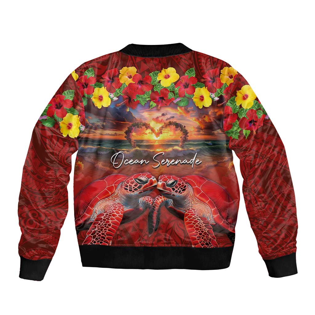 Hawaiian Turtle Love Couple Bomber Jacket Ocean Serenade - Honu Honi Ihu with Hibiscus and Romantic Sunset Red Color