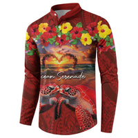 Hawaiian Turtle Love Couple Button Sweatshirt Ocean Serenade - Honu Honi Ihu with Hibiscus and Romantic Sunset Red Color LT03 - Polynesian Pride