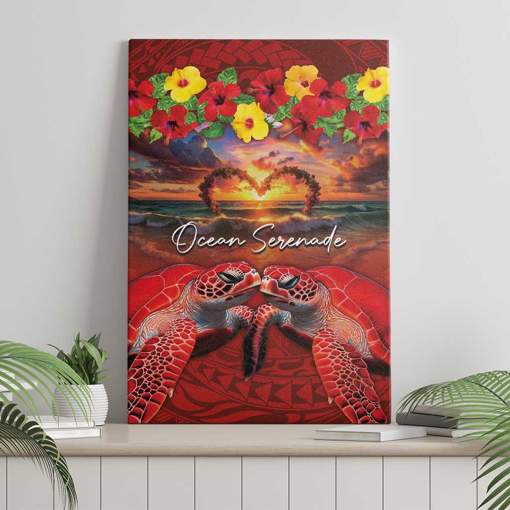 Hawaiian Turtle Love Couple Canvas Wall Art Ocean Serenade - Honu Honi Ihu with Hibiscus and Romantic Sunset Red Color