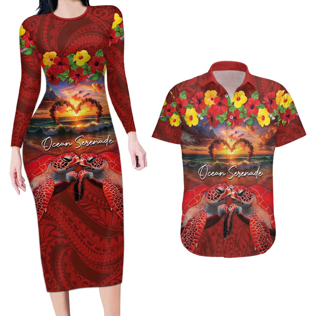 Hawaiian Turtle Love Couple Couples Matching Long Sleeve Bodycon Dress and Hawaiian Shirt Ocean Serenade - Honu Honi Ihu with Hibiscus and Romantic Sunset Red Color LT03 Red - Polynesian Pride